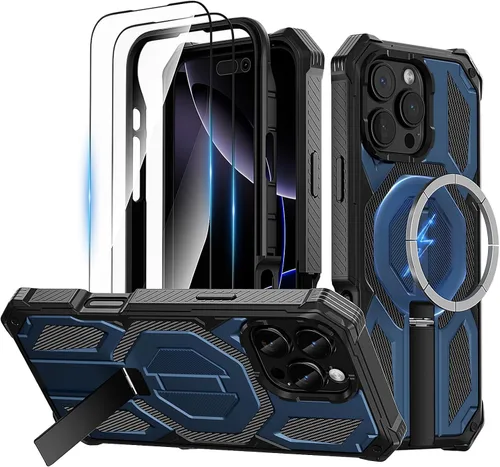 Vista 15 de Funda magnética para iPhone 15 con soporte y protector de pantalla [compatible con Magsafe] antideslizante, cuerpo completo, doble capa, resistente