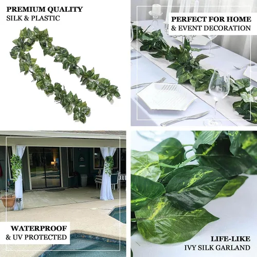 Vista 4 de Efavormart - Guirnalda de hiedra artificial de Pothos con protección UV, 8 pies, color verde oscuro, hojas de seda realistas para valla