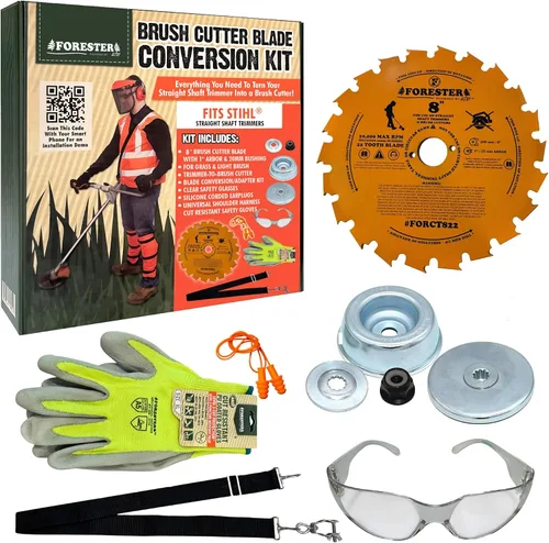 Vista 12 de Kit de conversión para cortasetos FORESTER con cuchilla de 20.3 cm para desbrozadora, gafas de seguridad, tapones para los oídos, guantes, arnés