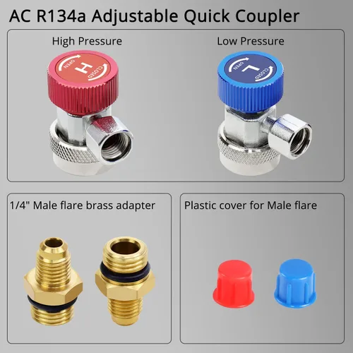 Vista 5 de YSTOOL Automotriz AC R134a Kit de acoplador rápido ajustable HVAC Conversión de conector alto y bajo con adaptador SAE macho de 1/4 de pulgada