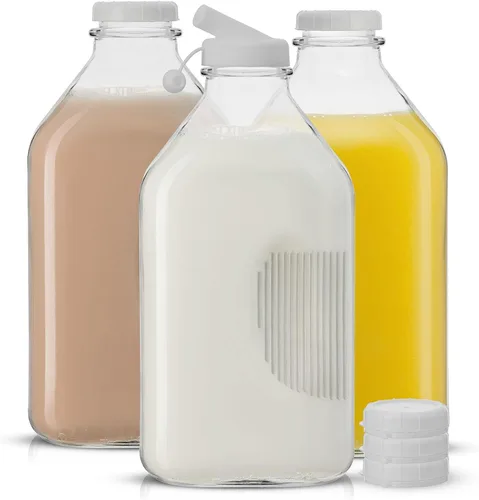 Vista 8 de JoyJolt Botellas de leche de vidrio con tapas y vertedor – 32 onzas, paquete de 3 botellas de vidrio reutilizables, herméticas, sin BPA, de grado
