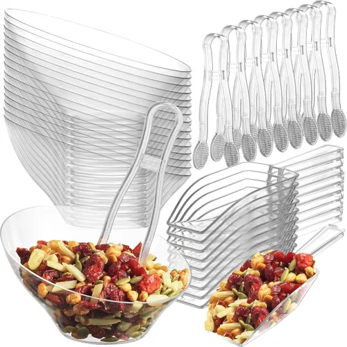 Vista 8 de Tazones de postre de plástico transparente de 6 onzas (16 piezas) con (8) cucharadas y (8) pinzas, vasos de barra de helado desechables duros