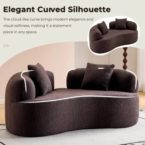 Vista 4 de Sofá biplaza curvado moderno de 67 pulgadas, sofá tapizado de terciopelo de peluche, cómodo sofá comprimido con 2 almohadas para espacios pequeños