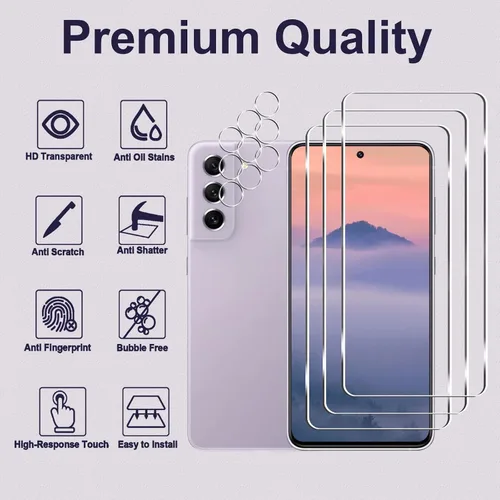 Vista 2 de Paquete de 3 + 3 protectores de pantalla para Galaxy S21 FE 5G + protector de lente de cámara, dureza 9H, resistente a los arañazos, fácil