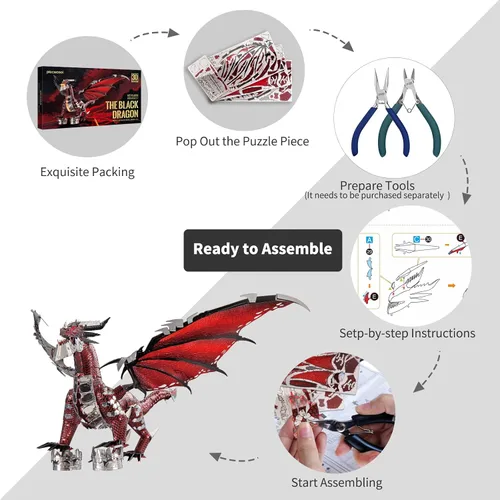 Vista 5 de Piececool Kits de construcción de modelo de metal 3D del Rey Dragón Negro con juego de herramientas DIY, rompecabezas 3D de metal desafiantes
