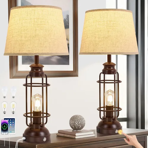 Vista 12 de Juego de 2 lámparas de mesa de 28" para sala de estar, lámparas táctiles regulables de 3 vías con puertos USB A+C, lámparas de mesa estilo granja