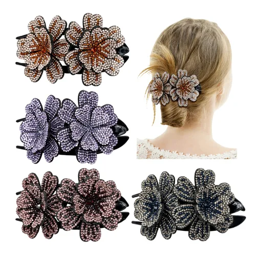 Vista 8 de inSowni Juego de 4 Pinzas para el pelo de lujo con brillos de fantasía, cristales brillantes, decorativas, de plástico, con flores, clips de garra