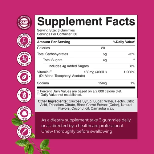 Vista 8 de Natures Craft Gomitas de vitamina E para el cuidado de la piel – Suplemento para la piel de 400 UI de vitamina E de alta potencia – Suplemento