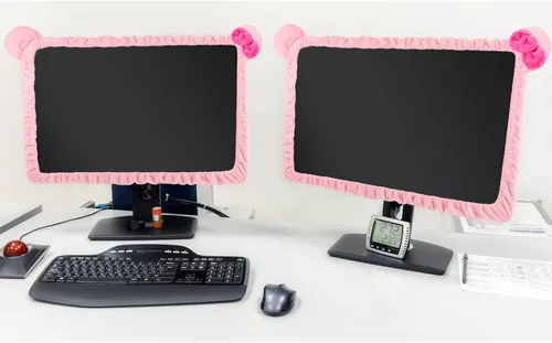 Vista 6 de Hoteam 2 piezas 17''-24'' fundas Kawaii para monitor de computadora con orejas de gato peludas, linda funda protectora de polvo rosa para monitor