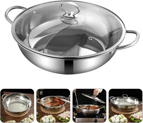 Vista 9 de 1 set de acero inoxidable doble olla caliente estilo chino doble sabor olla caliente asas cómodas diseño anti-quemaduras para reuniones de invierno