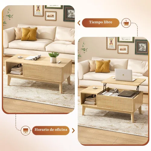 Vista 3 de LYNCOHOME Mesa de Centro con Tapa Elevable Acanalada con Almacenamiento, Mesa de Centro Moderna para Sala de Estar, Oficina en Casa (Natural)