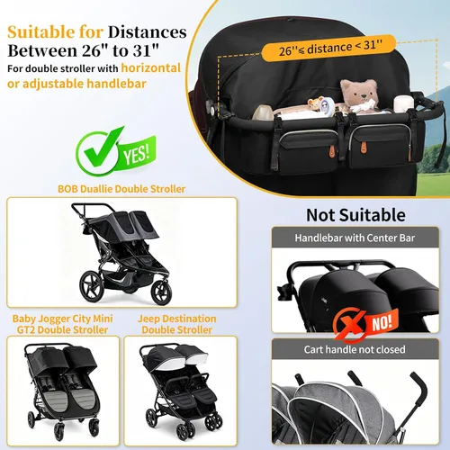 Vista 3 de Boomistry - Organizador doble para cochecito con 2 bolsillos refrigerantes, color negro Para Bob Duallie y Baby Jogger City Mini GT2, soporte