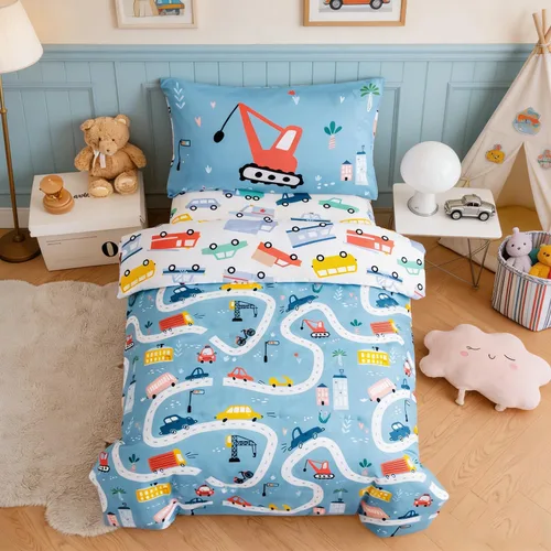 Vista 3 de PERFEMET Juego de cama de 4 piezas para niños pequeños con edredón de autos para niños, reversible, ligero, vehículos azules, juego de cama