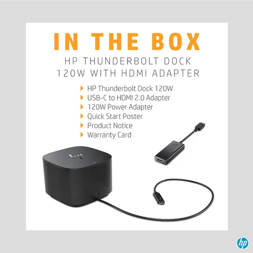 Vista 5 de HP Base Thunderbolt de 120 W con adaptador HDMI, estación de acoplamiento universal USB-C, un cable, múltiples conexiones, con una sola conexión