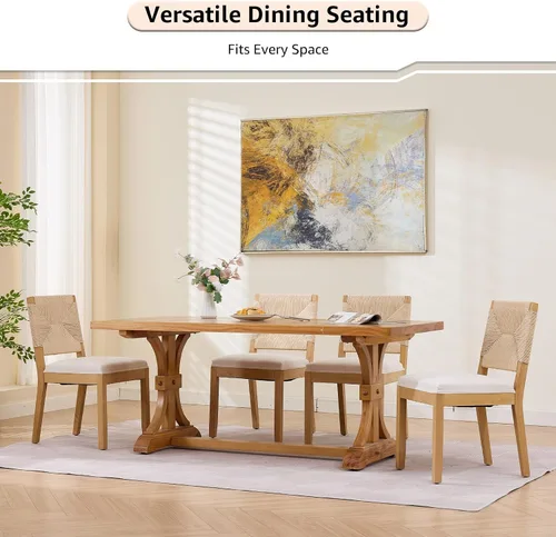 Vista 2 de ODUSE-DAILY Juego de 2 sillas de comedor French Country color beige, sillas de comedor de madera bohemia con respaldo tejido y asiento tapizado