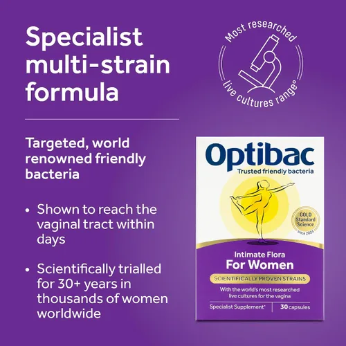 Vista 3 de OptiBac para mujeres Suplemento femenino natural oral diario de 2.3 mil millones de bacterias amigables para el área íntima Lactobacillus
