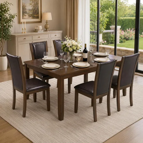 Vista 16 de Juego de mesa de comedor Trygoal para 5, juego moderno de 6 piezas para comedor con mesa rectangular, 4 sillas tapizadas con respaldo y un banco