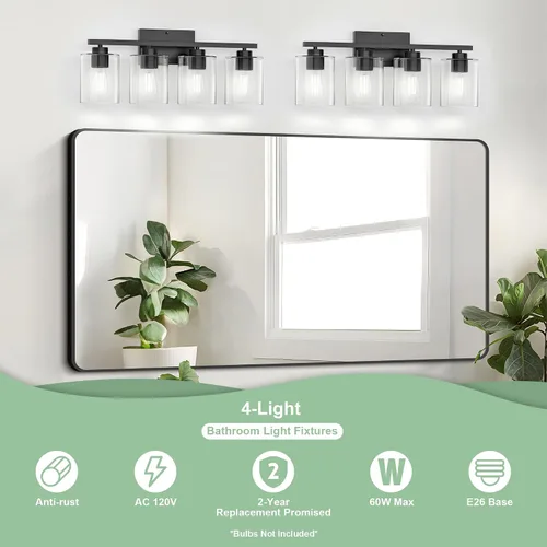 Vista 2 de Honesorn Lámparas de baño de 4 luces, luz de tocador de baño, color negro mate, accesorios de iluminación modernos con pantalla de vidrio