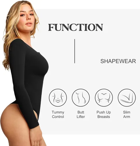 Vista 3 de Popilush Body sin costuras para mujer de manga larga con tanga y brasier integrado, ropa básica