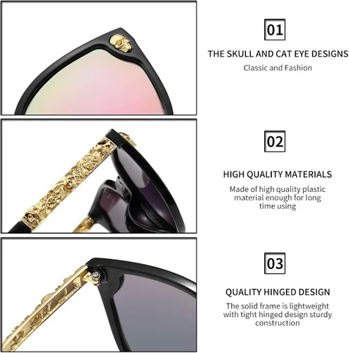 Vista 8 de Dollger Lentes de sol con diseño de calavera, y aros con forma de ojo de gato, protección UV400