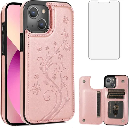 Vista 8 de Funda de teléfono para iPhone 13 de 6.1 pulgadas con protector de pantalla de vidrio templado y tarjetero con soporte para tarjetero, soporte