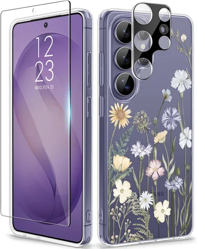 Vista 12 de GVIEWIN Funda protectora para Samsung Galaxy S25, transparente floral, delgada, a prueba de golpes, para mujer, no se pone amarilla, con protector