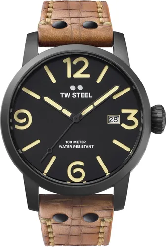 Vista 2 de TW Steel Maverick Mens 45mm Quartz Watch with Analogue Display, 3-Hands Movement and Leather Strap