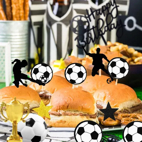 Vista 7 de 28 piezas Decoración de pastel de fútbol con jugador de fútbol de pelota de fútbol para fiesta de cumpleaños de fútbol, suministros de fiesta