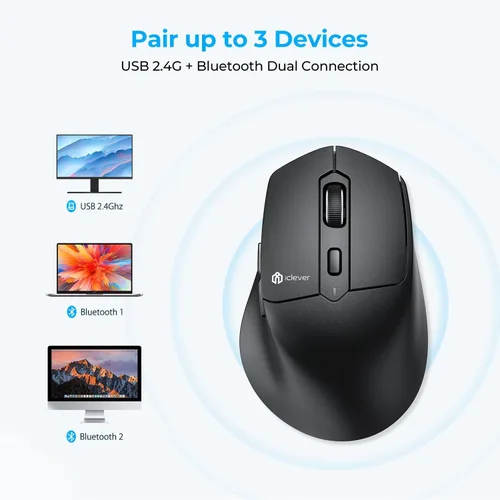 Vista 2 de iClever MD360 Ratón Ergonómico Bluetooth con Jiggle de Ratón, Ratón Inalámbrico Recargable para 3 Dispositivos (BT/2.4G), 4 Configuraciones de DPI
