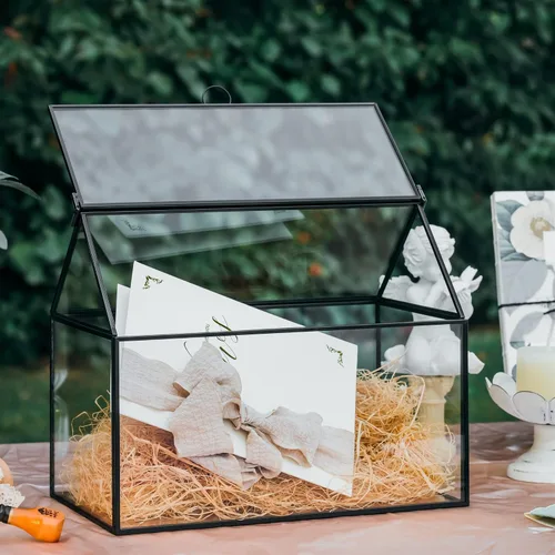 Vista 9 de NCYP - Caja de tarjetas de vidrio con tapa para micro boda, cumpleaños, recepción de fiesta, 10.2 x 5.9 x 8.2 pulgadas, tarjetero con forma de casa