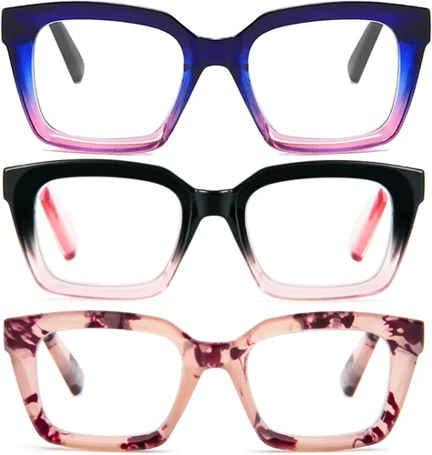 Vista 7 de Paquete de 3 lentes de lectura para mujer, cuadrados, con bloqueo de luz azul, de gran tamaño, grandes