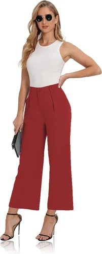 Vista 4 de siliteelon Pantalones largos tipo palazzo de cintura alta para mujer, de pierna ancha, cómodos, para el trabajo