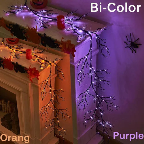Vista 3 de BAOLITVINE - Guirnalda iluminada de Halloween, funciona con pilas, con 8 funciones, 6 pies, 120 luces de hadas bicolor, guirnalda negra con luces