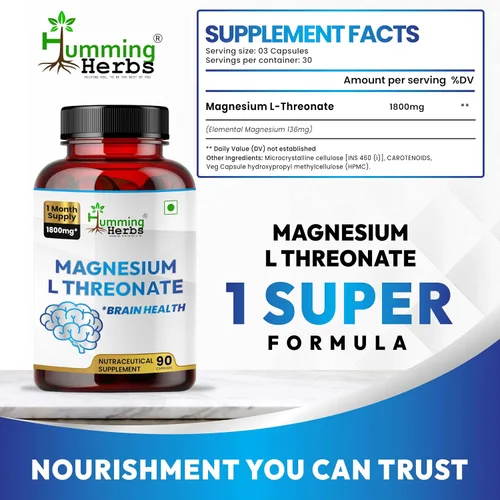 Vista 2 de Humming Herbs L-treonato de magnesio — 1,800 mg por porción (magnesio elemental 183 mg) — 90 cápsulas vegetarianas (30 porciones) — Apoyo