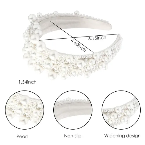 Vista 5 de MHDGG Diadema de perlas para mujeres y niñas, banda ancha con diamantes de imitación blancos brillantes, accesorio de boda