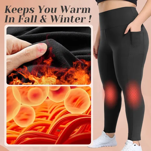 Vista 2 de HLTPRO Leggings con forro polar de talla grande para mujer con bolsillos, pantalones de yoga de cintura alta térmicos negros para entrenamiento