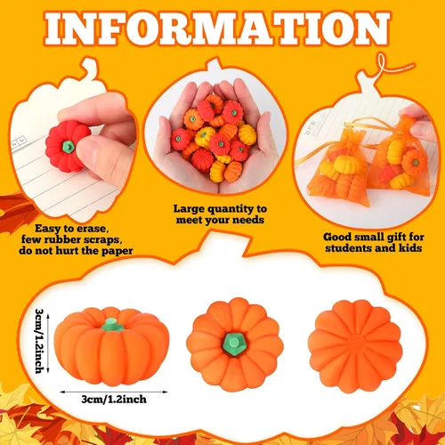 Vista 3 de 90 unidades de borradores de calabaza de otoño a granel para Acción de Gracias, mini borradores de lápiz 3D, papelería de calabaza de goma