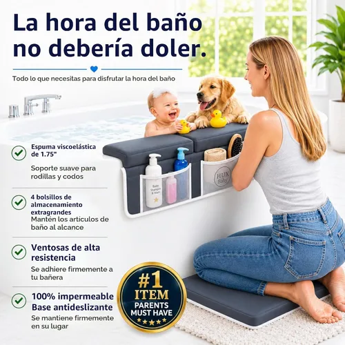 Vista 3 de Cómodo juego de rodilleras y coderas de baño para bebé, almohadilla antideslizante para bañarse, tapete acolchado para bañera, coderas, bolsillos