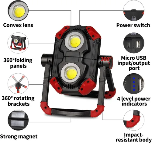 Vista 4 de Luz de trabajo LED recargable, 2 COB 2500LM Luz de inundación portátil plegable con base magnética y soporte de rotación de 360°, focos impermeables