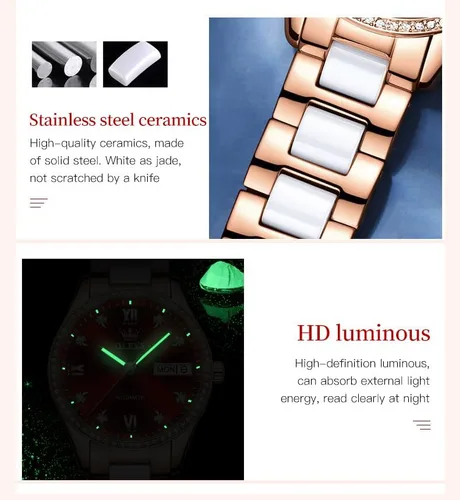 Vista 4 de OLEVS Relojes automáticos para mujer, mecánico, esfera de corazón, esfera de corazón, oro rosa, banda de cerámica, impermeable, luminoso, fecha