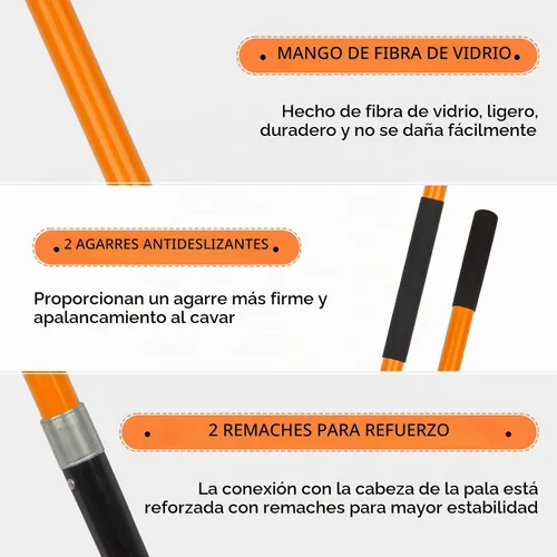 Vista 4 de Pala para excavar Pala de metal resistente con mango de fibra de vidrio, 56 pulgadas