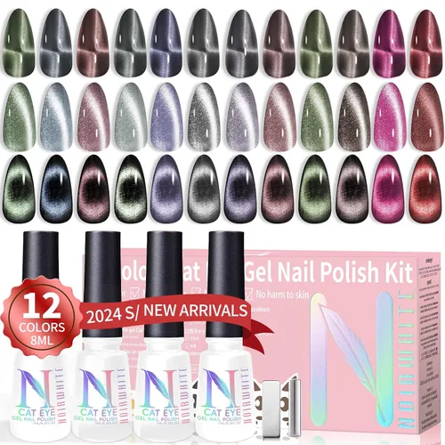 Vista 9 de Kit de esmalte de uñas de gel, 12 colores brillantes con purpurina 9D camaleón ojo de gato, juego de esmalte de uñas de gel con base de luz