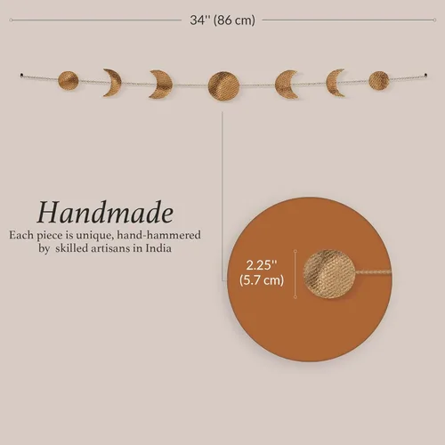 Vista 5 de BASE ROOTS Decoración de pared de fase lunar, arte de pared dorado para dormitorio, bohemia y astrología, estética de bruja 86 cm 7 fases de luna