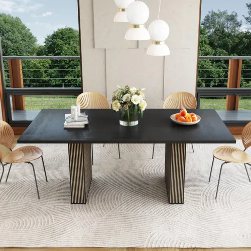 Vista 4 de Mesa de comedor rectangular de 198 cm para 6 a 10 personas, mesa de cocina estilo granja con estrías, mesa larga de madera moderna para cocina
