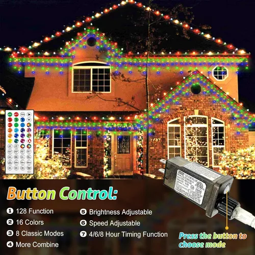 Vista 7 de Luces de carámbano de Navidad de 49 pies, 128 funciones, para exteriores, con 504 LED, 8 modos y temporizador, cortina de luces para exteriores