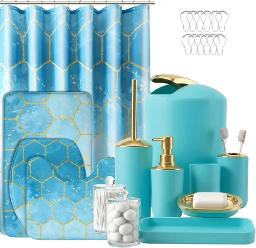 Vista 13 de BSSN Juego de 25 accesorios de baño negros y dorados con cortina de ducha y alfombras, basura, cepillo de inodoro, dispensador de jabón, soporte