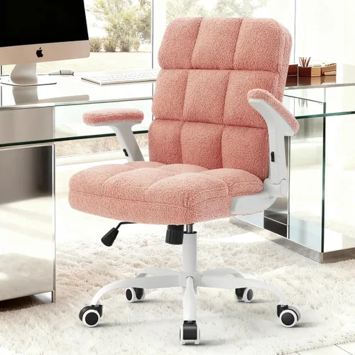 Vista 2 de SEATZONE Silla de oficina rosa ergonómica con ruedas, silla de escritorio para computadora de felpa sintética, silla de oficina cómoda para mujeres
