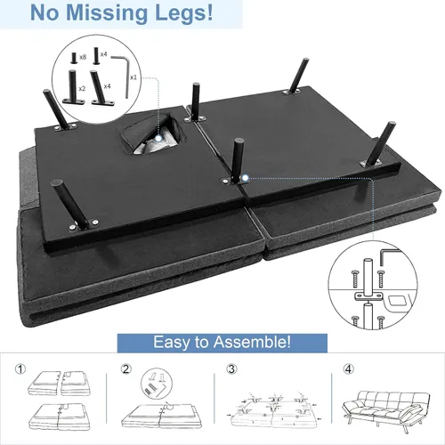 Vista 6 de MUUEGM Sofá cama tipo futón convertible, sofá biplaza moderno de espuma viscoelástica, sofá pequeño con reposabrazos ajustables, respaldos para sala