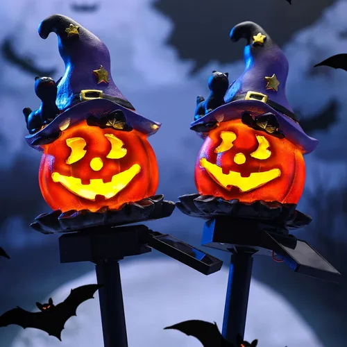 Vista 5 de Retisee - 2 luces solares de Halloween, luces solares de calabaza, linterna púrpura y anaranjado