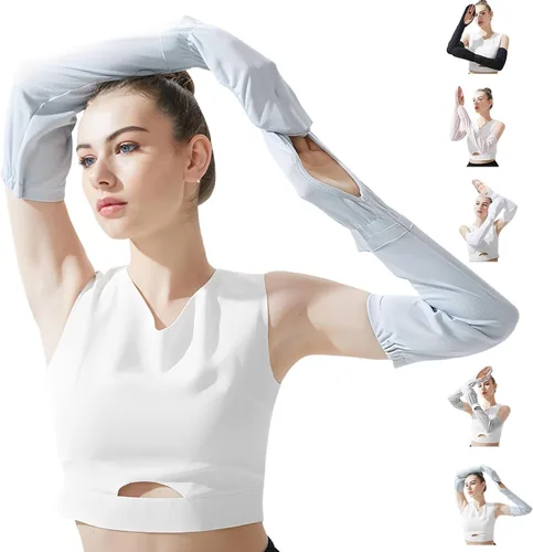 Vista 12 de Mangas de sol sin dedos para conducir, manga ajustable con guantes, protección UV, cubierta de brazo de refrigeración para jardinería Cooling UV